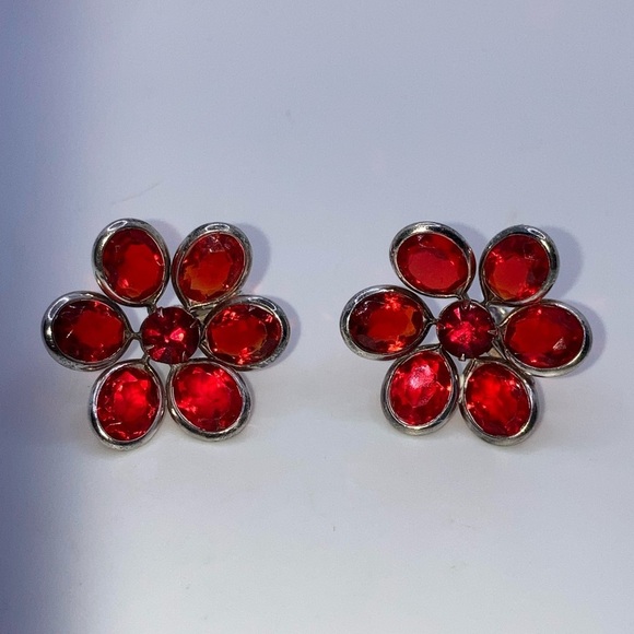 Vtg Sterling & Red Crystal Flower Stament Earrings Screw Back Clip On 1.1” - Picture 2 of 6